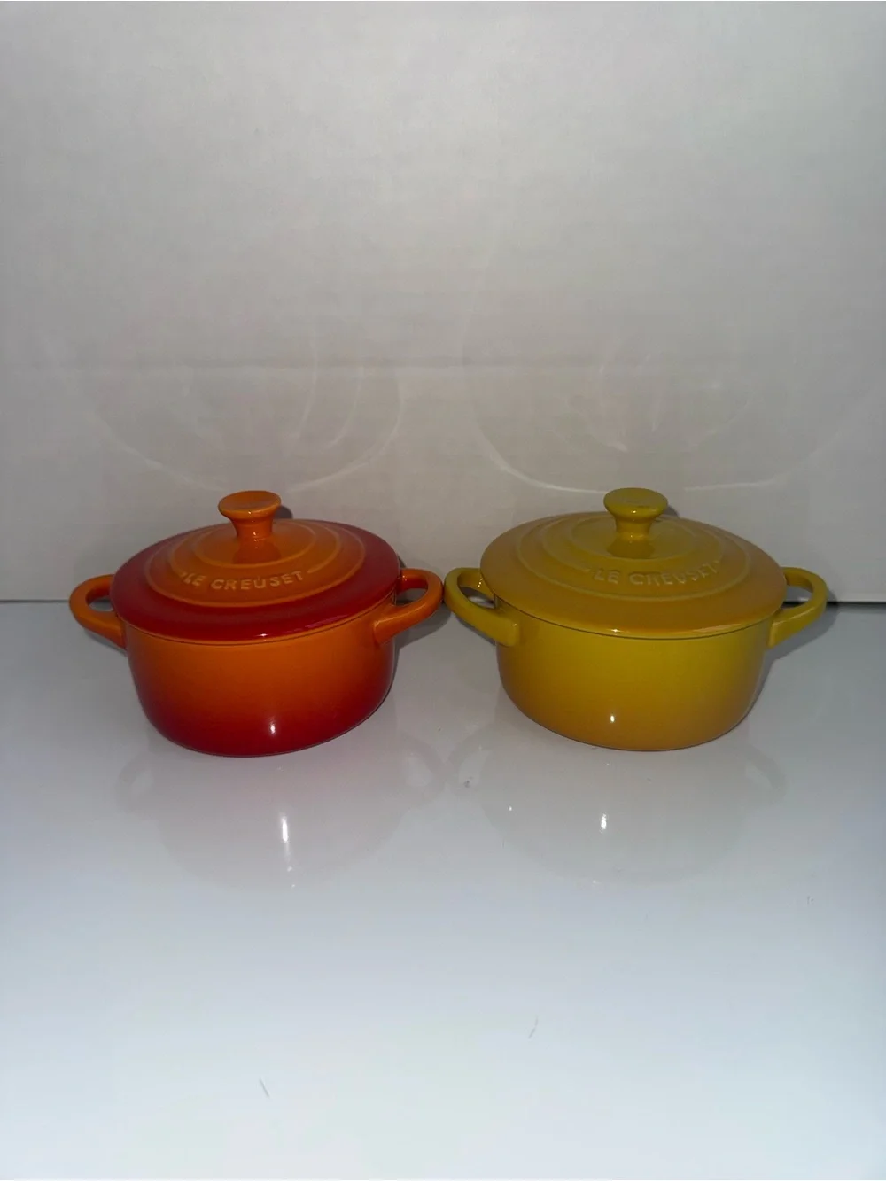 NWOT LE CREUSET Mini Cocotte Pair in Yellow and Flame